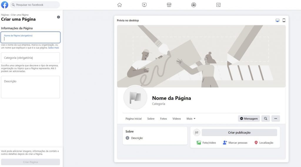 Primeiro passo de como criar uma página no Facebook