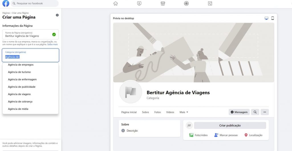 Segundo passo de como criar uma página no Facebook